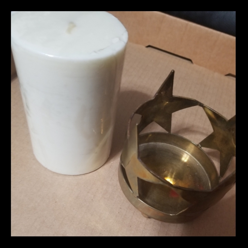Brass Candle Holder with Stars includes white pillar candle, 3.5 inches